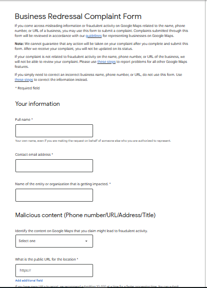 Business Redressal Complaint Form by Google
